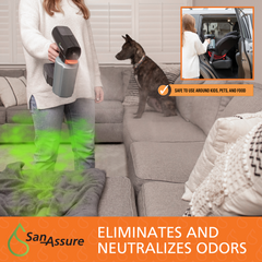 San-Assure Eliminates and Neutralizes Odors and is safe to use around kids, pets and food.
