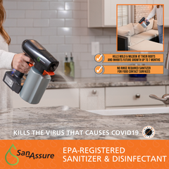 EPA-Registered Sanitizer and Disinfectant from San-Assure kills mold and mildew and requires no rinsing on food contact surfaces.